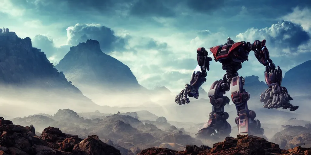 Image similar to amazing photo of a giant ancient robot of doom rising up out of a mountain sending rubble and rocks tumbling down it sides, clouds of dust and rock kick up into the air and spread across into the nearby city , epic scale , unimaginable power and wonder, awe, cinematic, high detail design robot ancient