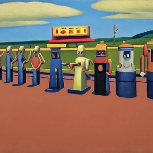 Image similar to robots queue up for ice cream, grant wood,! pj crook!,! edward hopper!, oil on canvas