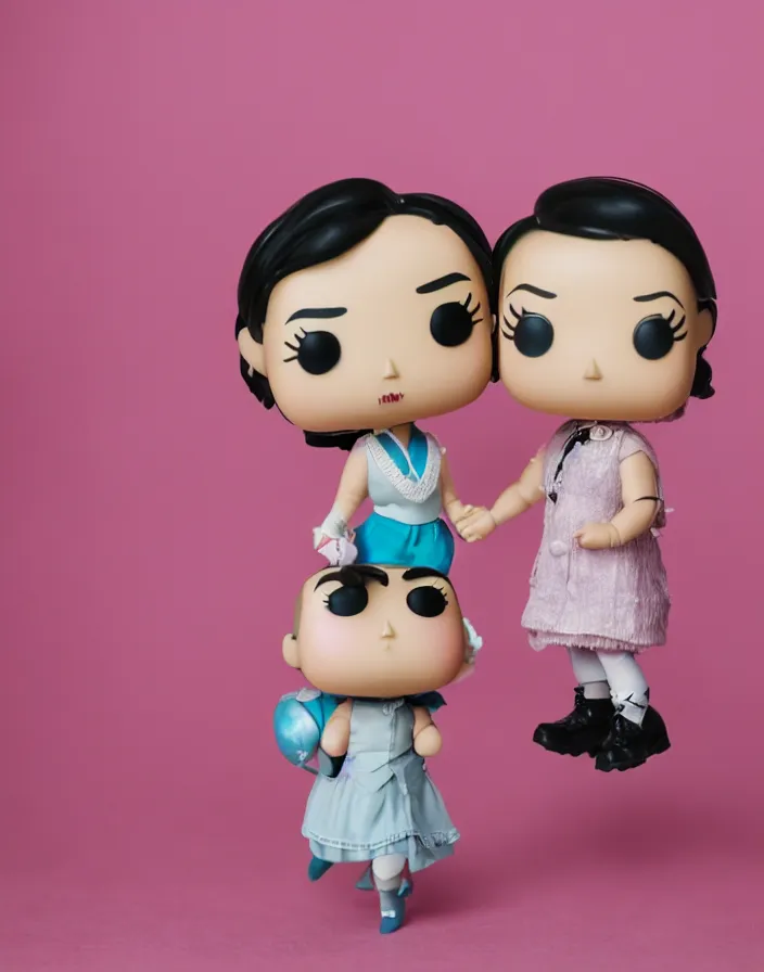 Image similar to real life Funko Pop, wearing attire from the 1920s, studio lighting, pink stripped wallpaper behind them, 8k