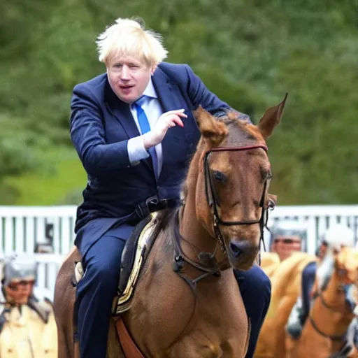 Image similar to Boris Johnson riding a horse with armour and a sword, photo