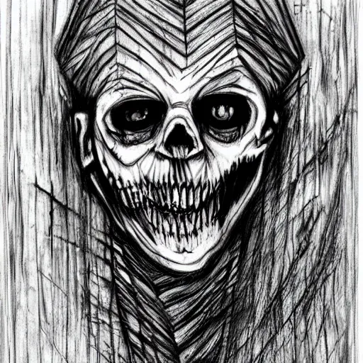 Prompt: a scary horror themed wooden shred drawn with charcoal and pen and ink, half-tone-line-stacking