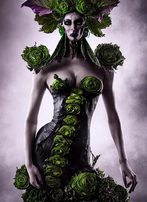 Image similar to expressive full body photo of demoness, dress made of cabbages, glamour shot, by karol bak, stefan gesell, photorealistic, nikon d 4 x, fashion photography, hyper maximalist, elegant, ornate, luxury, elite, environmental portrait, symmetrical features, octane render, unreal engine, solid dark grey background, dramatic lights