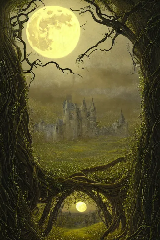 Image similar to a beautiful digital illustration painting of a detailed gothic fantasy full moon and roots, throne seat and vines by by benoit b. mandelbrot, steven belledin, martin johnson heade, lee madgwick, caspar david friedrich, and david rios ferreira. 8 k resolution trending on artstation concept art digital illustration