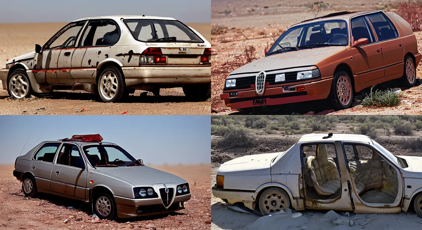 Prompt: a wrecked 1 9 9 2 alfa romeo 1 5 5 q 4, abandoned in a desert, dusty, damaged, some rust