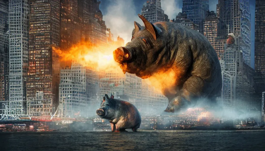 Prompt: award winning photo of a giant kaiju pig destroying new york