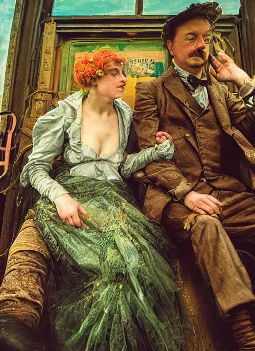 Prompt: detailed colourful masterpiece of photography by anne leibovitz couple portrait sat down extreme closeup, love, inside an underwater train, detailed realistic expressions, wearing unusual clothes, tsunami, by ford madox brown and william powell frith