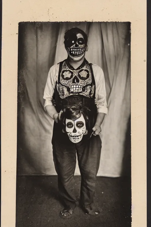 Image similar to vintage 35mm photo portrait of a man wearing a traditional day of the dead masks in the style of Gregory Crewdson