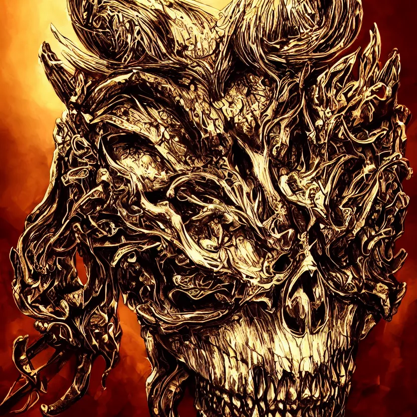 Image similar to photo portrait portrait of skull of wolf, lying on bones, dramatic lighting, golden ornaments, symmetric, intricate skeletal decorations, symmetry, highly detailed, tarot, concept art, black, red, white, gold layers, warhammer, style of nekroxiii, hyperrealistic, dark background, smoke, artstation