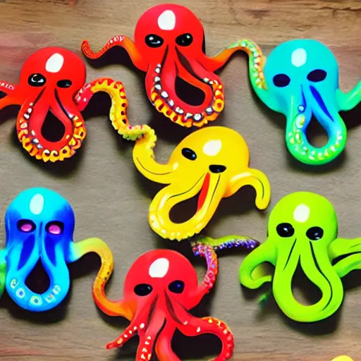 Prompt: colorful octopus playing pieces for a tabletop game