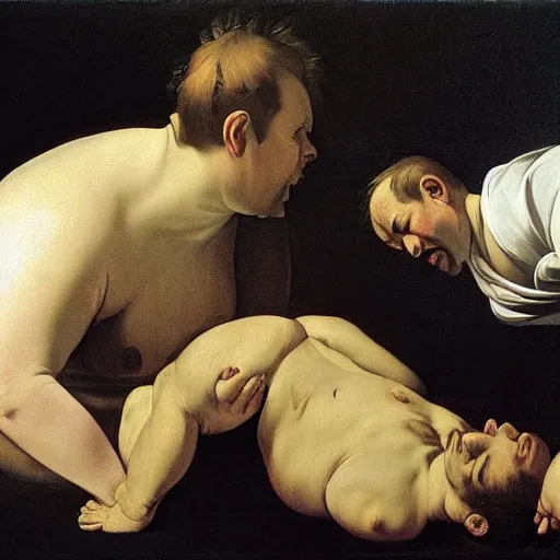 Image similar to obese alex jones falls over, painted by caravaggio