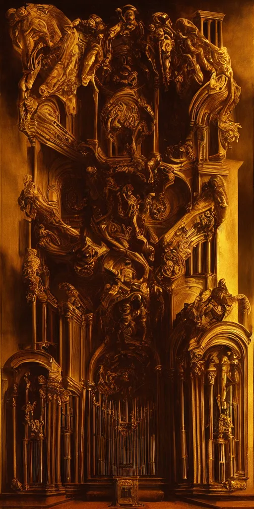 Image similar to pipe organ ghost intricately carved from dark smoke, high detail baroque oil painting, golden ratio, volumetric light, godrays, terrifying geometry, alan lee, caravaggio, michelangelo