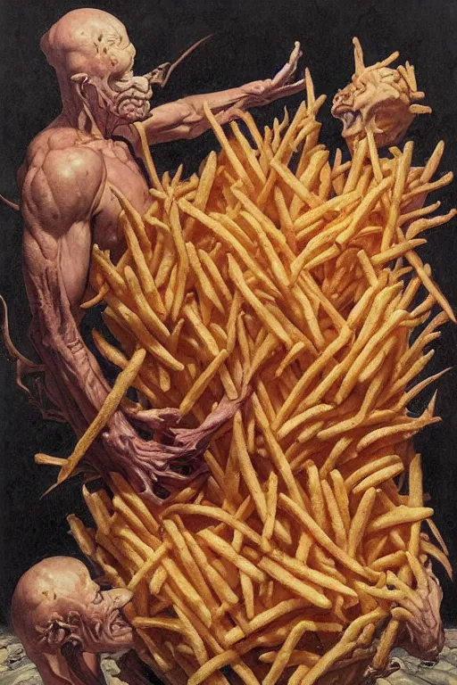 Image similar to a box of mcdonalds fries in the style of wayne barlowe, gustav moreau, goward, bussiere, roberto ferri, santiago caruso, luis ricardo falero, austin osman spare