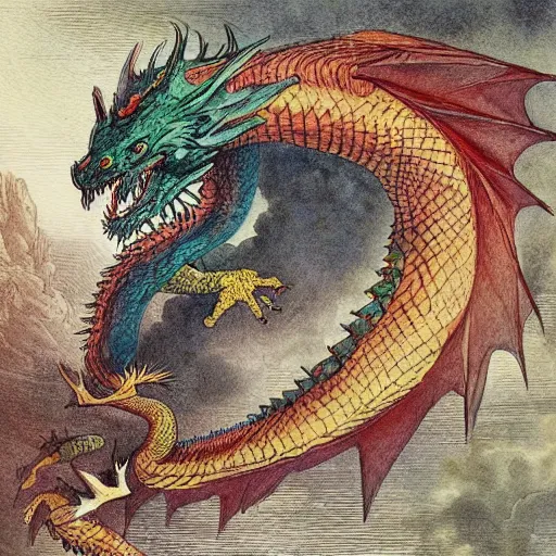 Image similar to colorful watercolor of a pattern of dragon by gustave dore