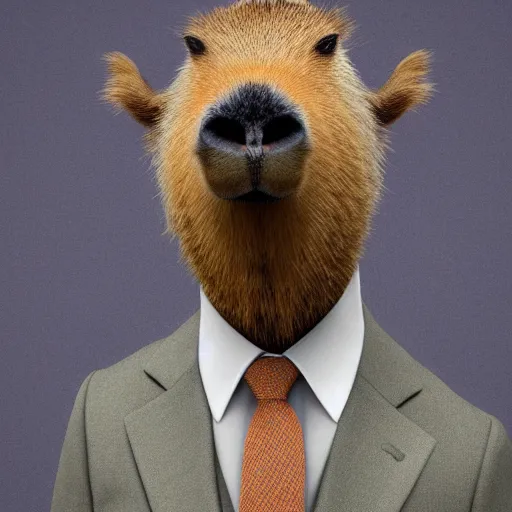 Image similar to a high quality photo of an antropomorphic capybara wearing a suit, 8k, digital art