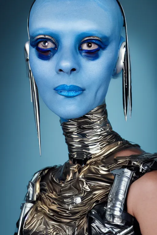 Prompt: beautiful studio portrait of 4 eyed blue alien woman, wearing an outfit made from plutonium, silicone skin, symmetrical face, piercings resembling plasma jets, the 5 th element, cinematrographic, elegant, soft shapes, sharp details, 3 5 mm, f / 2 4