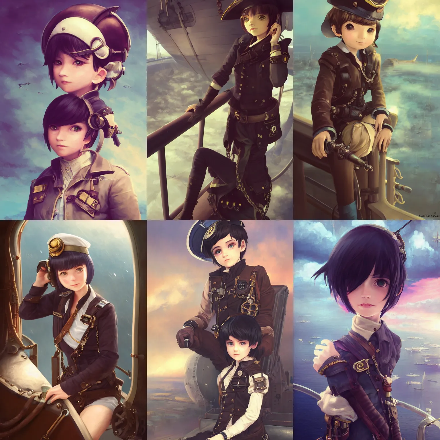 Prompt: a portrait of a cute young air pirate with black bob cut hair and eye patch, sitting on the railing of an airship, steampunk setting, gears, steam, mist, vivid colors, soft lighting, atmospheric, cinematic, moody, in the style of Ilya Kuvshinov and Range Murata, Krenz Cushart, oil on canvas, 8k