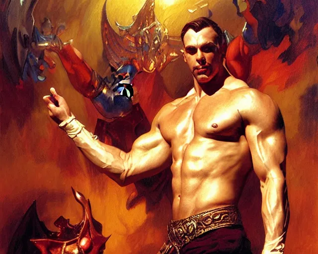 Image similar to muscular magician man, casting dark magic, summoning handsome devil. highly detailed painting by gaston bussiere, craig mullins, j. c. leyendecker, tom of finland, 8 k