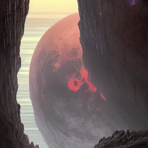 Prompt: a high angle on a wide, deep crack on a red moon with no atmosphere, industrial space colony hugging the cliffs on both sides of the crack, bridges crossing the gap, sci - fi art by greg rutkowski