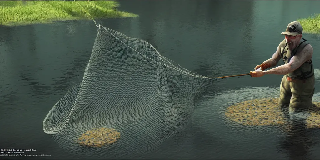 Prompt: Mike Ehrmantraut catching a trout in a net, smiling, river, sunny, cgsociety, artstation, cinematic