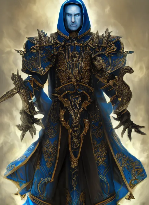 Image similar to high intricate middle aged blue eyed male priest with white baroque armor and black garment fighting a fire demon, maria panfilova, andrea savchenko, mike kime, ludovic plouffe, qi sheng luo, oliver cook, trending on artstation