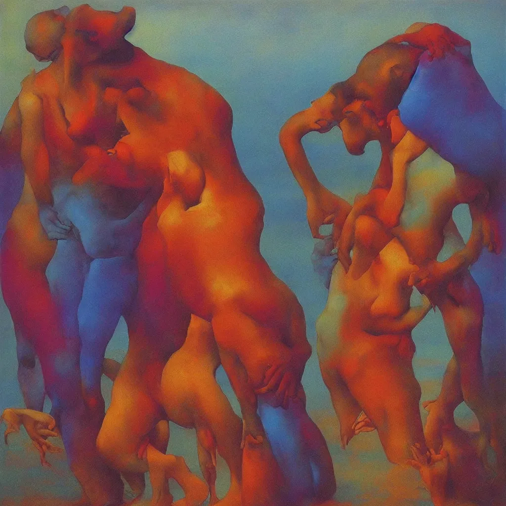 Image similar to men kiss girl and hug and cuddle colourful shiny beautiful harmony painting by zdzisław beksinski