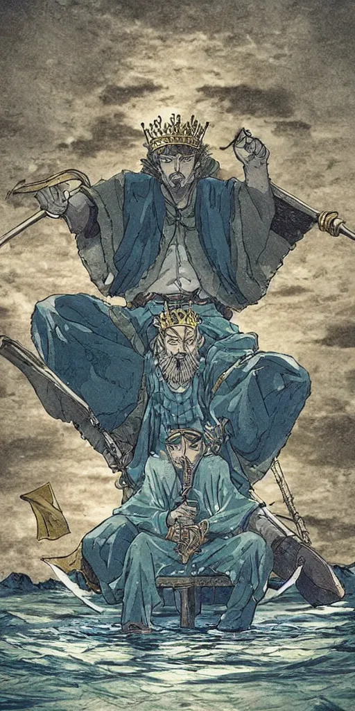 Image similar to a lone king sitting on a throne floating on water in the middle of a lake drawn by Makoto Yukimura in the style of Vinland saga anime, full color