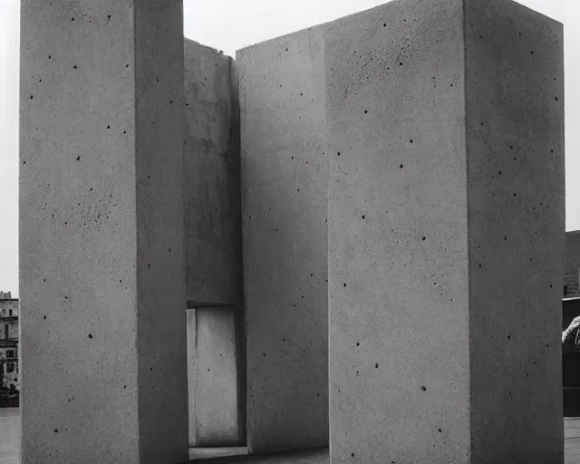 Prompt: by francis bacon, escher, mystical photography evocative. an fractal concrete brutalist carved sculpture, standing in a city center.