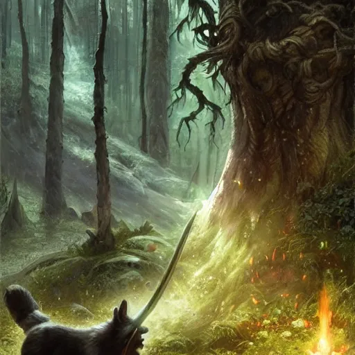 Prompt: epic fantasy portrait of a earth and nature god with medium length brown hair and a husky beard holding a dark metal sword in the deep forest as he looks at us, oil painting by Greg Rutkowski and Charlie Bowater and Artgerm, unreal 5, DAZ, epic RPG Portrait, trending on artstation, dynamic lighting, late afternoon lighting, forest, green theme, afternoon light