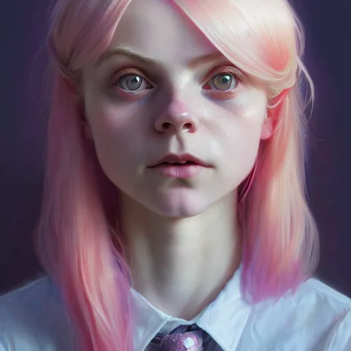 Prompt: portrait of a scottish teenage girl with pinkish blonde hair, glowing skin, awkward, nerdy, matilda lawler, dafne keen, fantasy, intricate, elegant, dress shirt, highly detailed, digital painting, artstation, concept art, smooth, sharp focus, illustration, art by Krenz Cushart and Artem Demura and alphonse mucha