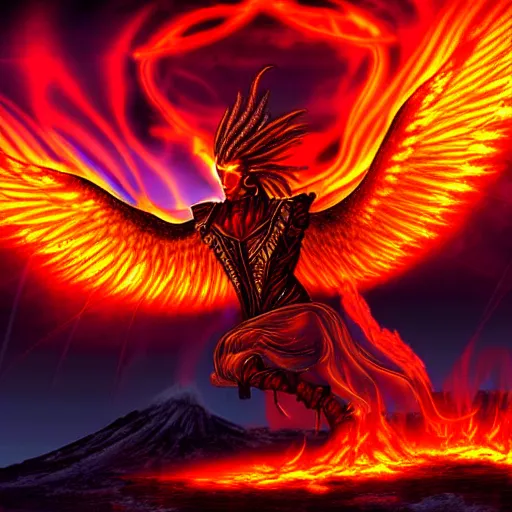 Prompt: Humanoid Phoenix Fire Wizard Living in an Active Volcano, Digital Art, Dramatic Lighting