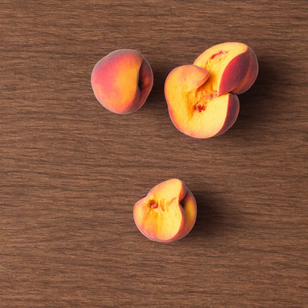 Prompt: close up view of a peach on top of a wooden table, 8k, photorealistic, proper shading