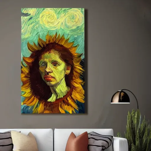 Image similar to giant sunflower head, woman in a luxury apartment, surreal, dramatic light, impressionist painting, digital painting, artstation, van gogh