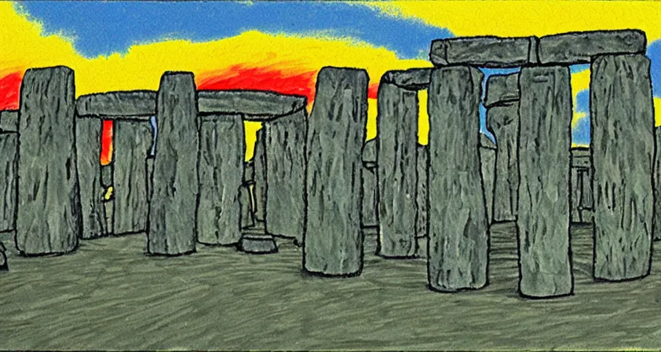 Image similar to color sketch of stonehenge, highly detailed, dramatic lighting, intense shadows, rich deep colours, by david hockney