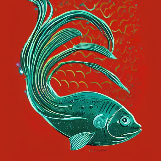 Prompt: a single highly stylized fish in the ocean, viewed in profile, closeup, seaweed, sparkles, artstation, intricate, highly detailed, digital painting, concept art, sharp focus, illustration by tom whalen and charles williams and kilian eng and james jean