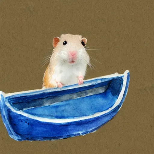 Prompt: A hamster made out of iron in a boat on a river, watercolors by 5 year old