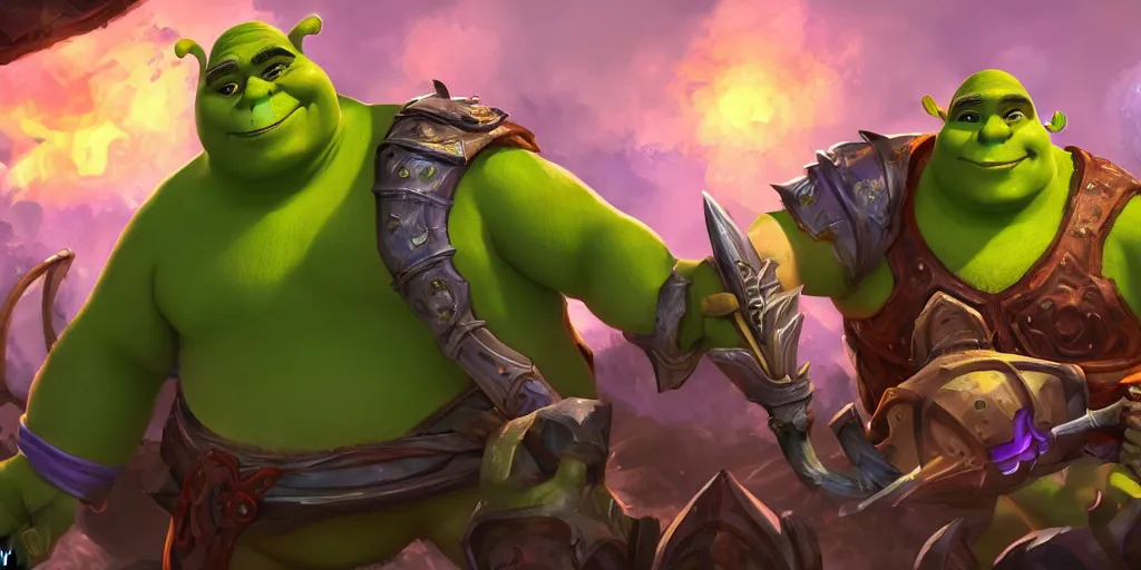 Prompt: Shrek as a League of legends champion, splash art made by Mike Azevedo, trending on art station