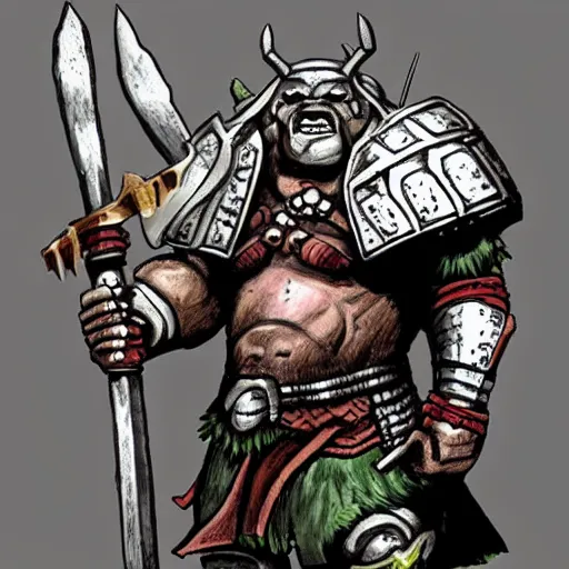 Image similar to ogre warrior wearing plated armor who is holding a battle axe in the style of warhammer fantasy : : head and torso drawing