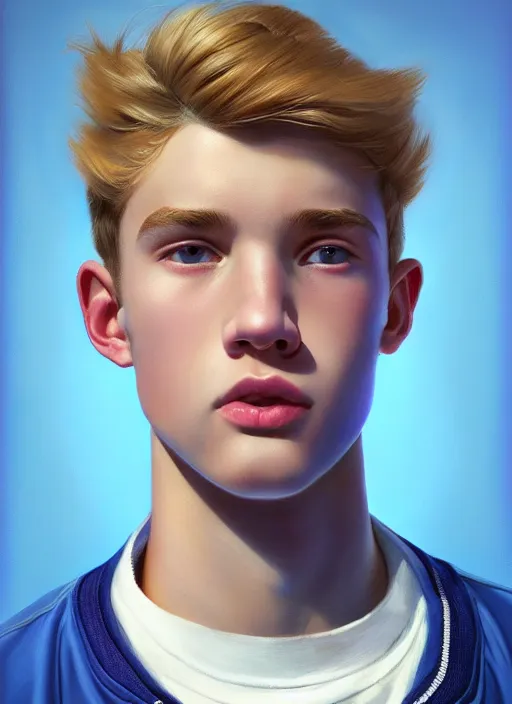 Image similar to portrait of a teenage boy named moose mason, blonde short hair, jock, beefy, square jaw, square facial structure, 1 9 5 0 s, blue varsity jacket, intricate, elegant, glowing lights, highly detailed, digital painting, artstation, concept art, smooth, sharp focus, illustration, art by wlop, mars ravelo and greg rutkowski