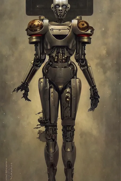 Image similar to fullbody or portrait, simple futurist cyborg empress, warhammer 4 0 k, perfect future, award winning art by santiago caruso, iridescent color palette, by wlop and karol bak and bouguereau and viktoria gavrilenko, 1 9 7 0 s retro future robot android. muted colors