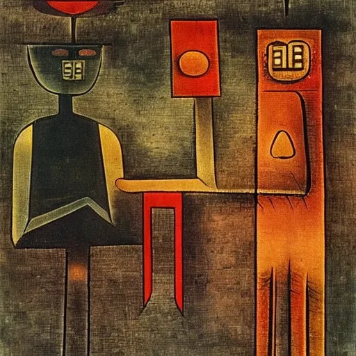 Prompt: Two mechanical beings in a deep conversation. Dali. Paul Klee.