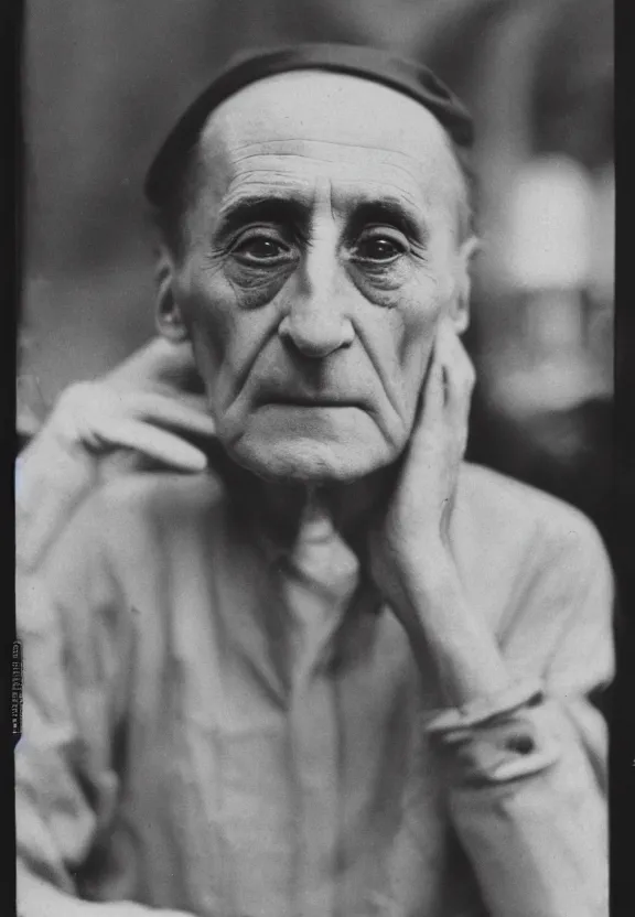 Image similar to a close - up casual photo of marcel duchamp with pensive eyes, blurry, 1 9 2 0 s monochrome snapshot, graflex 4 x 5, f 1. 8, 3 5 mm, ilford delta 3 2 0 0 pro, cyborg