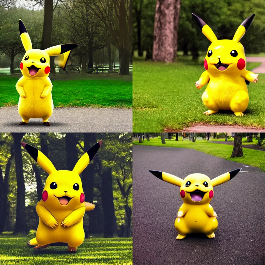 Prompt: photograph of a realistic pikachu walking in a park