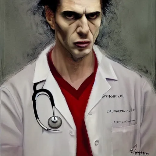 Prompt: a modern painting of a doctor turned vampire wearing lab coat, in the style of tim bradstreet, sharp focus, realism, intricate detail