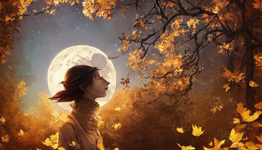 Prompt: golden leaves at frame border, creative!!! composition for a book cover!!!, absurdly beautiful, ultrafine hyperrealistic detailed moon by wlop and artgerm and greg rutkowski, intricate linework, sharp focus, smooth, octopath traveler, final fantasy, unreal engine, dramatic lighting, ethereal, 8 k