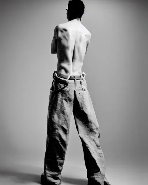 Prompt: an award - winning photo of an ancient male model wearing a plain boot cut flared distressed medieval designer menswear trousers designed by issey miyake, 4 k, studio lighting, wide angle lens, 2 0 0 4