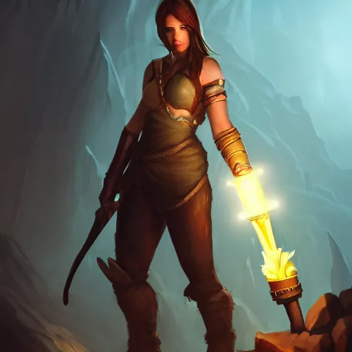 Image similar to a epic hero adventurer holding a torch in a dark cave, artgerm, realistic, cryengine, symmetric