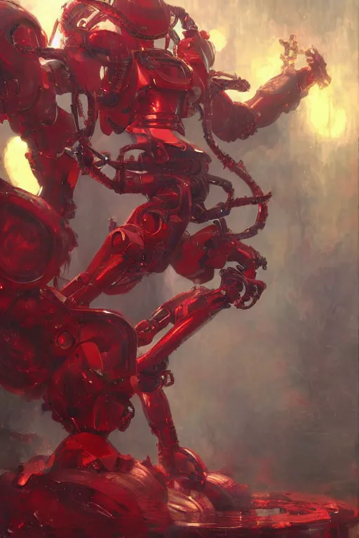 Prompt: a terrifying red robot with ram horns, butterfly hard lighting ethereal mechanic art by and hajime sorayama, yukito kishiro, raymond swanland and monet, ruan jia, by wlop