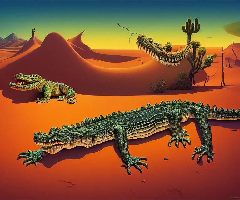 Image similar to hyper detailed 3d render like a Oil painting - a cartoon crocodile in a desert, by Jacek Yerka, Mariusz Lewandowski, Houdini algorithmic generative render, Abstract brush strokes, Masterpiece, Edward Hopper and James Gilleard, Zdzislaw Beksinski, Mark Ryden, Wolfgang Lettl, hints of Yayoi Kasuma, octane render, 8k