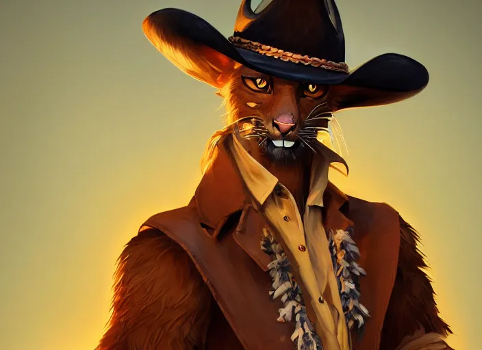Image similar to character portrait feature of the anthro male anthropomorphic jungle cat fursona wearing cowboy outfit wild west desperado, character design stylized by charlie bowater, ross tran, artgerm, makoto shinkai, detailed, soft lighting, rendered in octane