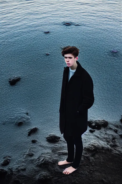 Image similar to high quality pastel coloured film mid angle docu photograph of a beautiful young 2 0 year old male, soft features, short black hair, wearing coat, falling into in an icelandic black rock pool environment. atmospheric. three point light. photographic. art directed. ( pastel colours ). volumetric light. clearcoat. waves glitch. 8 k. filmic.